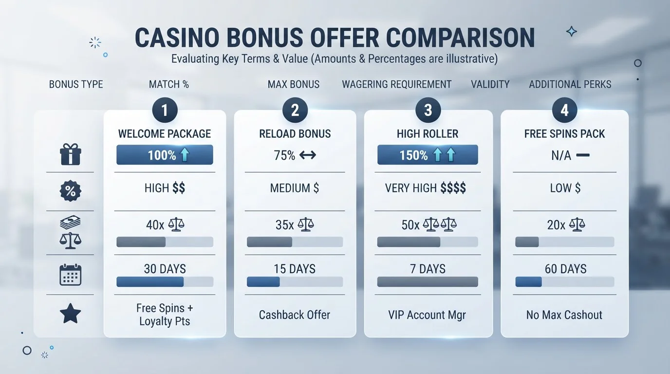 Comparison chart showing casino bonus offers with wagering requirements and maximum cashout limits