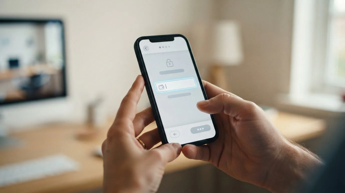 Hands holding a phone with a payment reference field open on screen