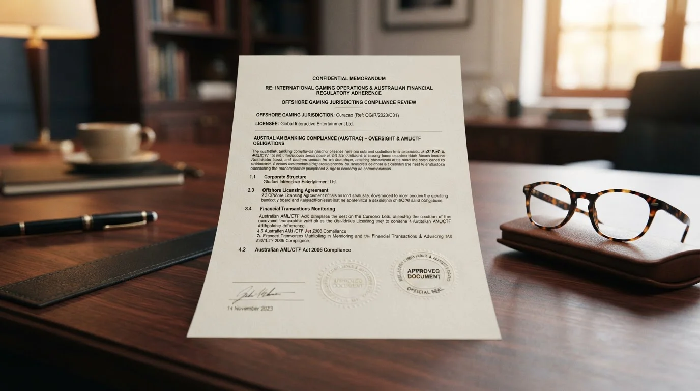 Official document showing offshore casino licensing and Australian banking regulations