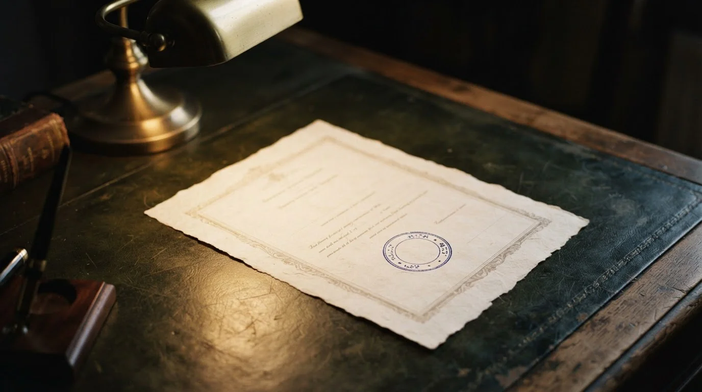 Plain licence certificate document under a desk lamp with no crest or emblem
