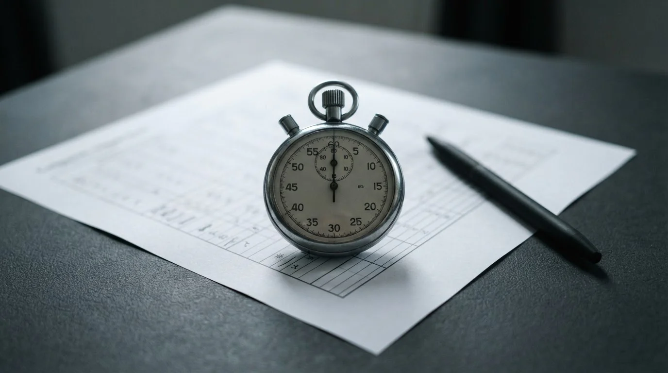 Stopwatch resting on a printed comparison sheet of payout times