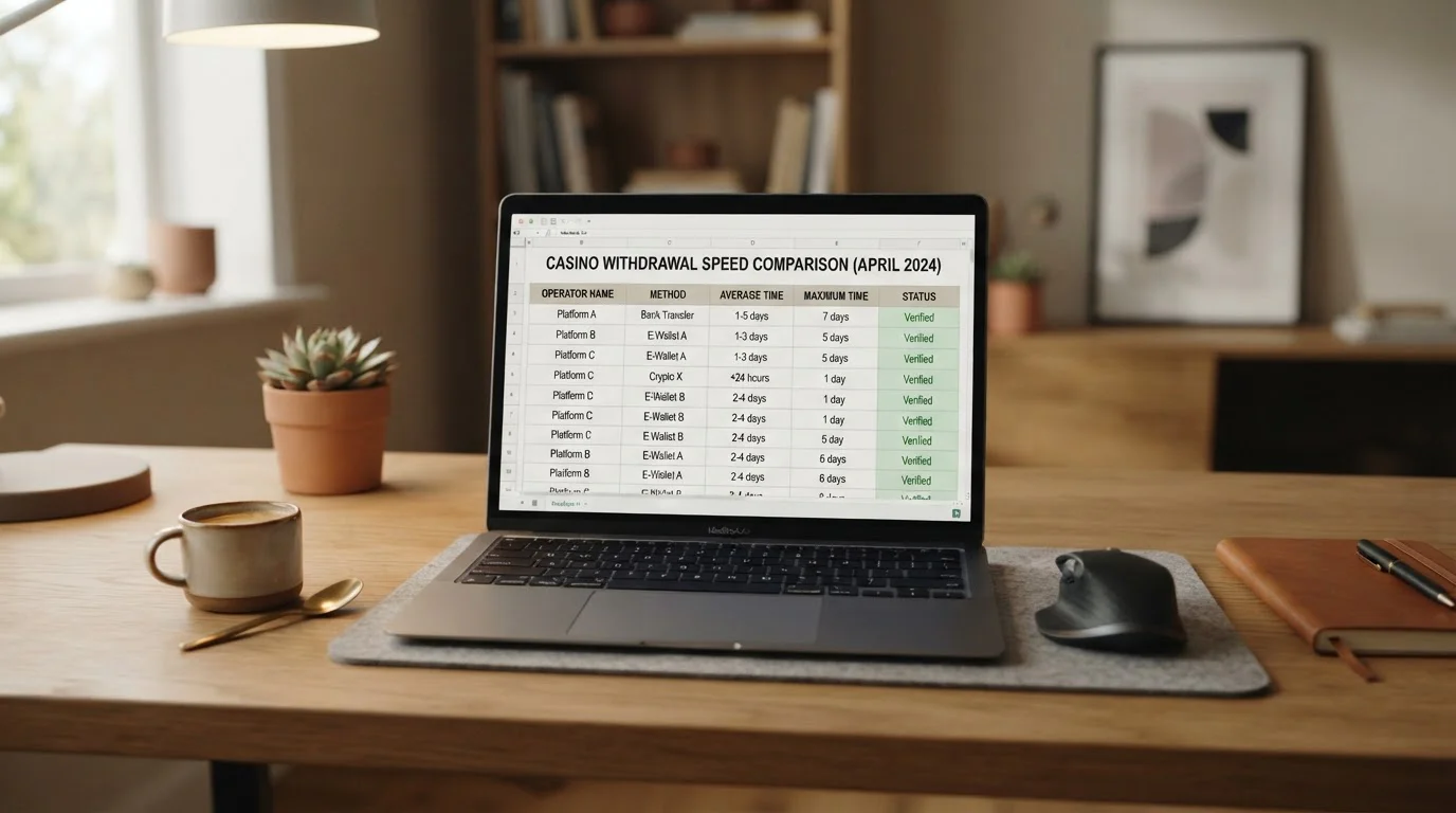 Desktop setup showing casino withdrawal comparison spreadsheet