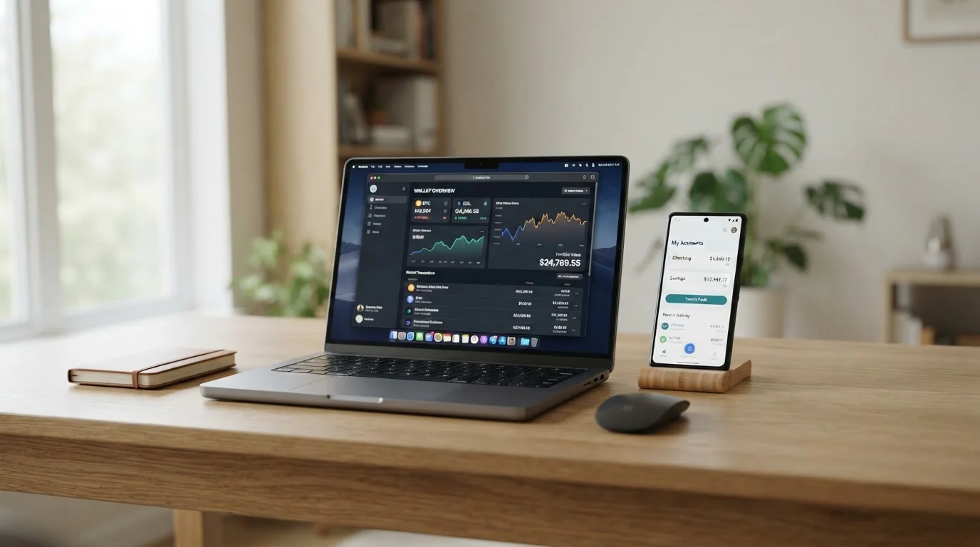 Australian banking app showing PayID transfer next to crypto wallet on smartphone
