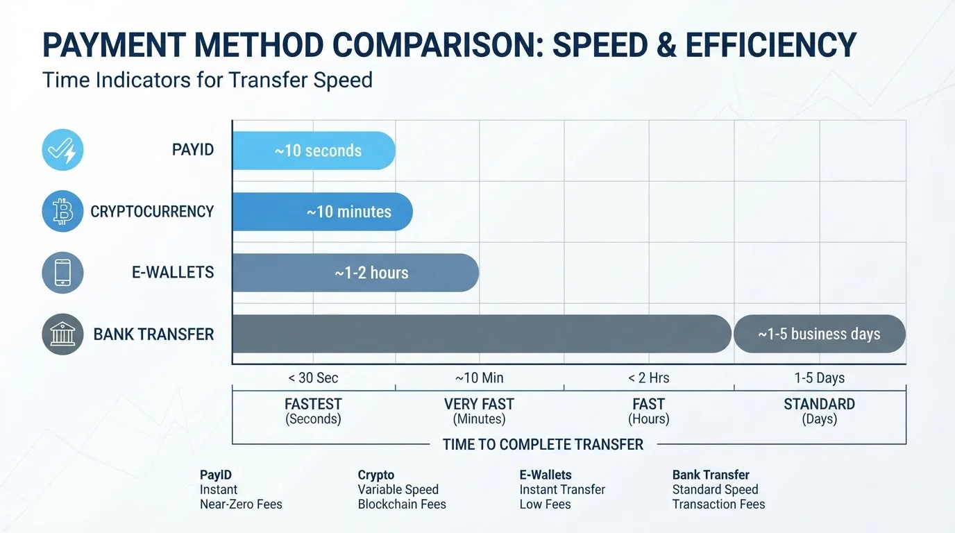 Comparison chart of withdrawal methods showing PayID crypto e-wallets and bank transfer speeds