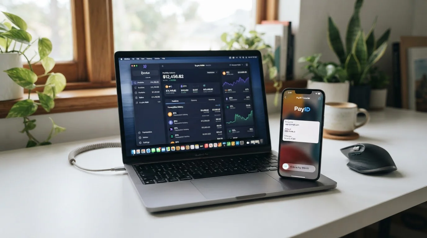 Mobile phone showing PayID transfer screen next to laptop displaying crypto wallet
