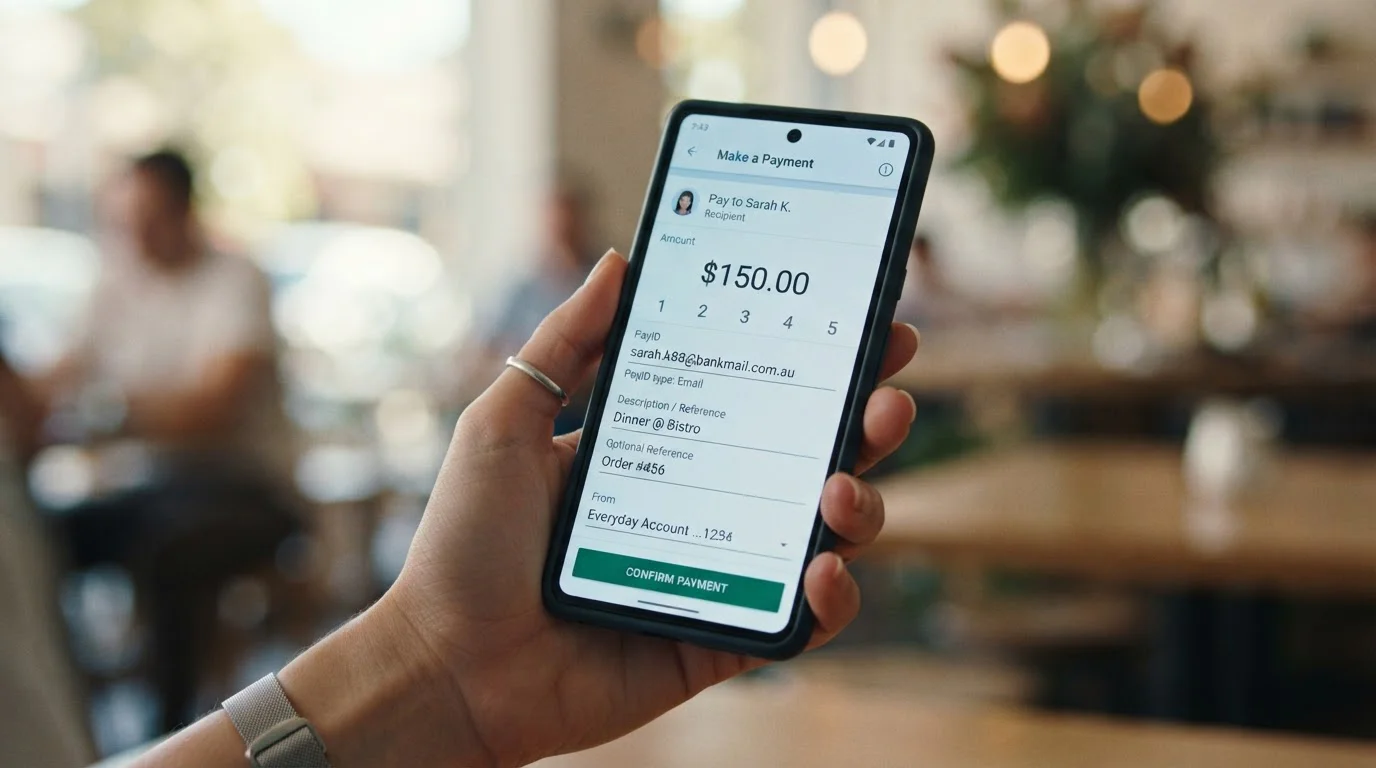 Mobile banking app showing PayID transfer to casino with reference code