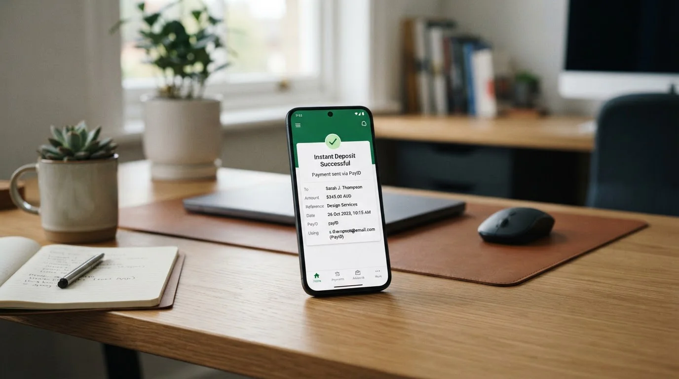 Smartphone displaying PayID transfer screen with instant deposit confirmation