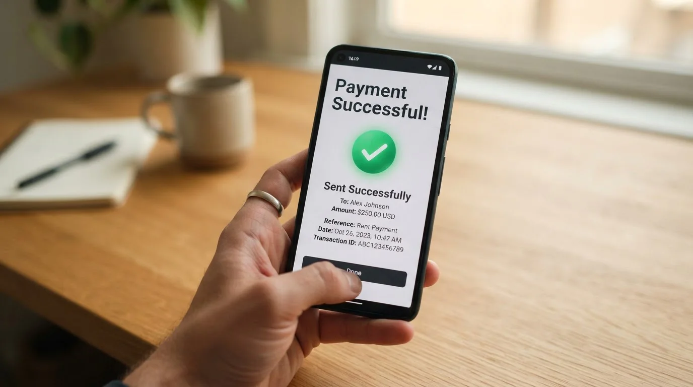 Smartphone showing PayID instant bank transfer confirmation screen