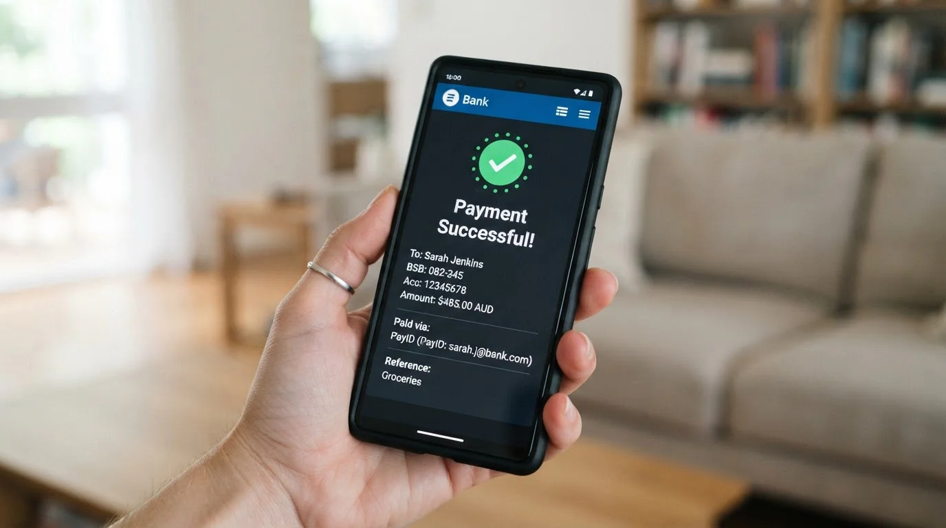 Smartphone showing PayID payment confirmation screen with Australian bank app interface