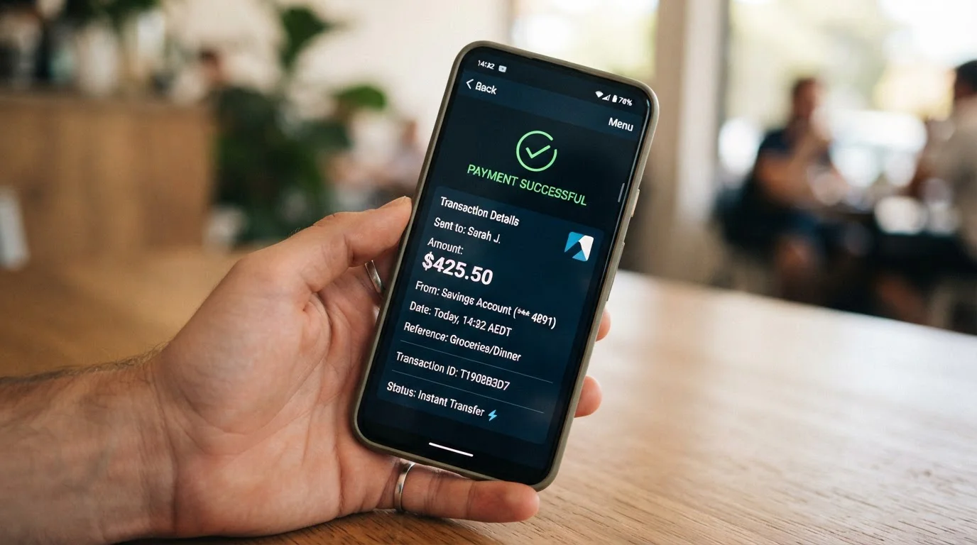 Australian banking app showing instant PayID transfer confirmation with transaction details