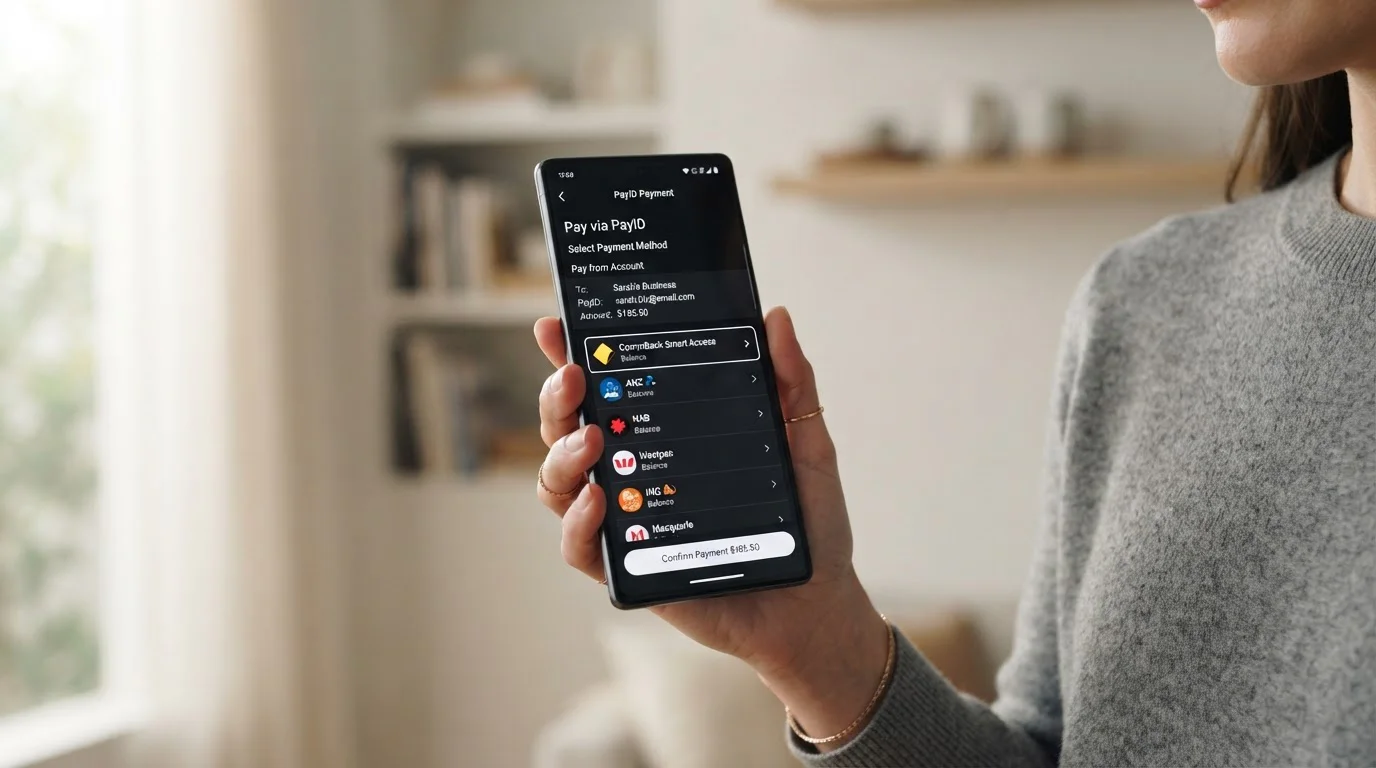 Smartphone showing PayID payment screen with Australian bank apps