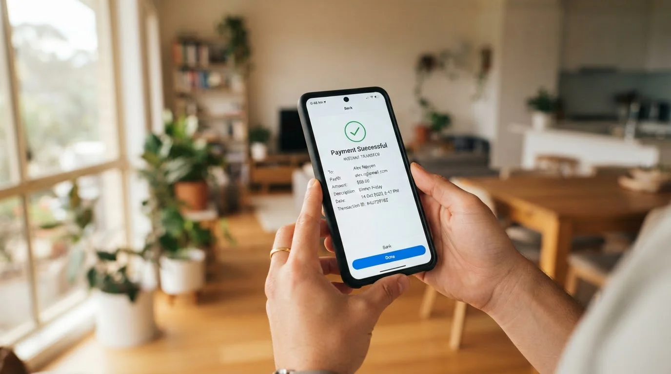 Australian smartphone displaying PayID banking app with instant payment confirmation