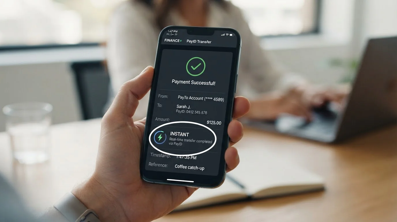 Smartphone showing PayID transfer interface with instant confirmation