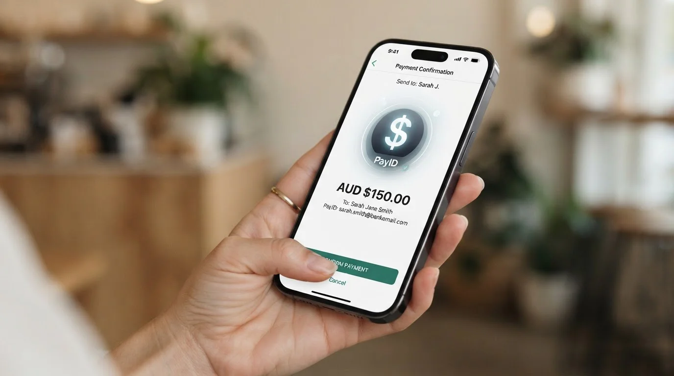Hand holding smartphone with PayID payment screen and dollar symbol