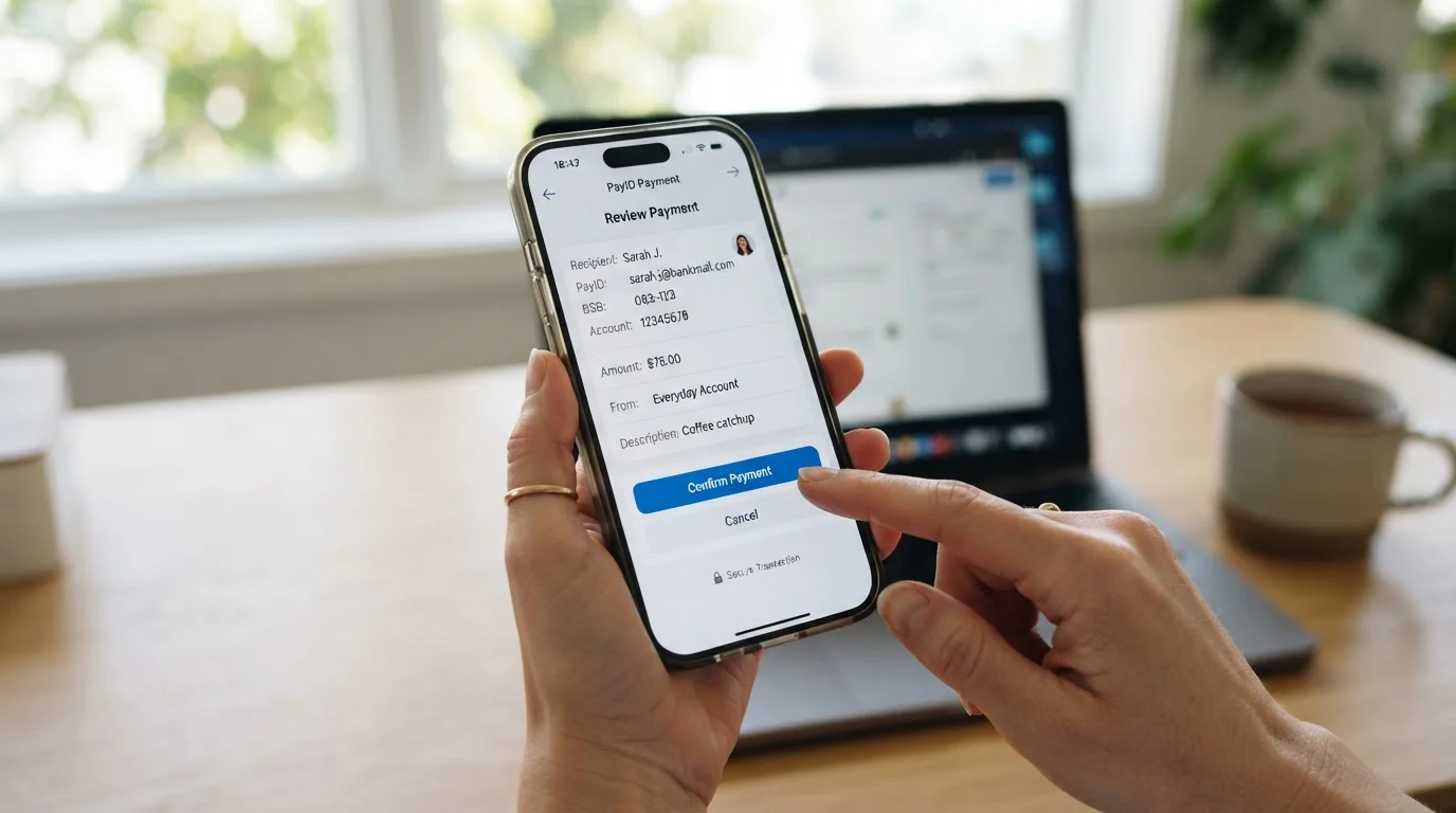 Smartphone displaying Australian banking app PayID interface held above laptop on desk