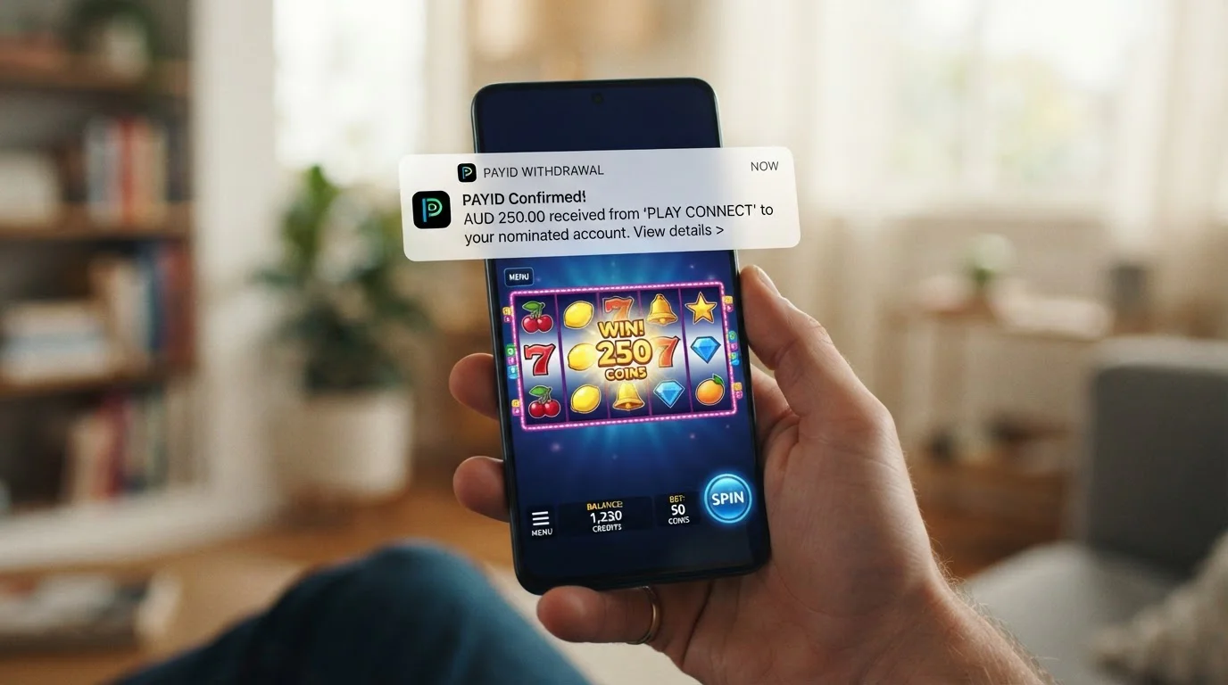 Mobile phone showing pokies gameplay with PayID withdrawal notification