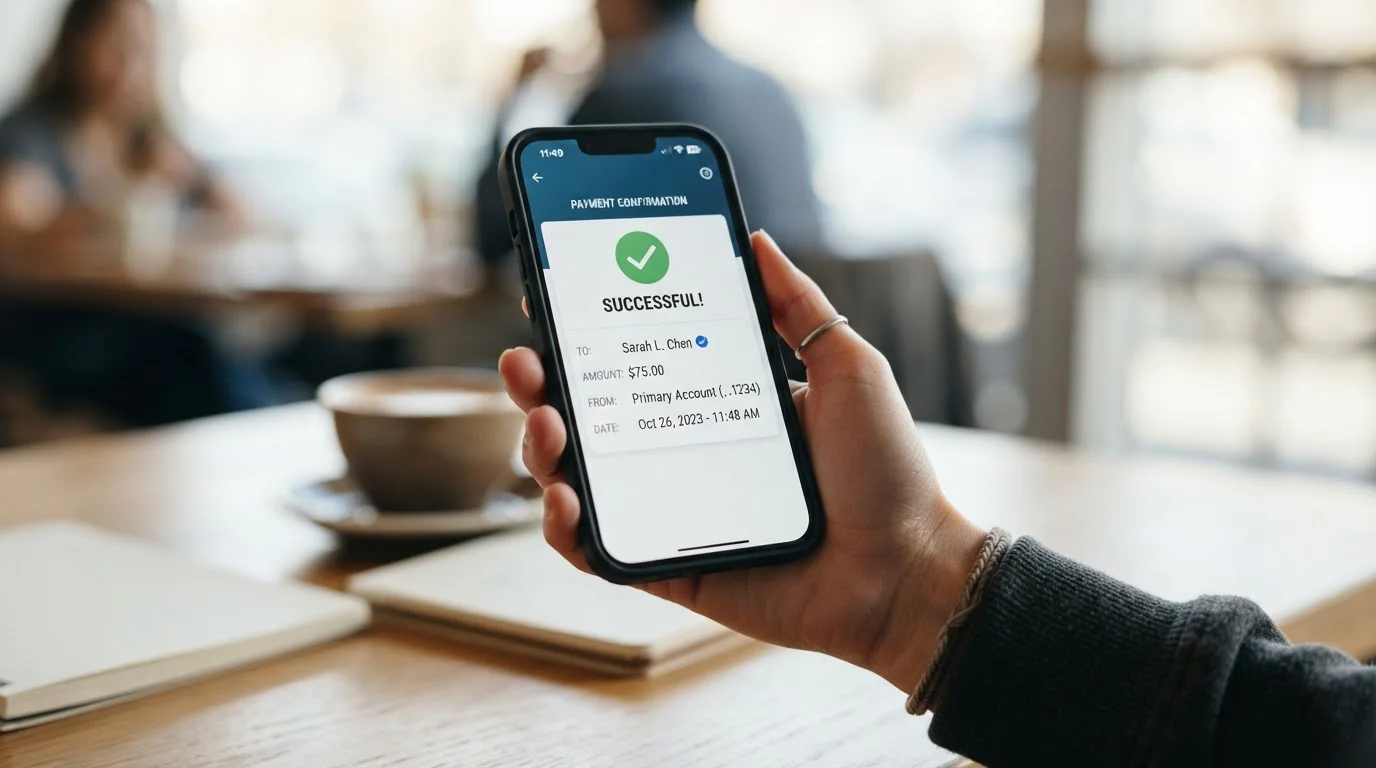 Mobile phone showing secure banking app interface with PayID payment confirmation screen