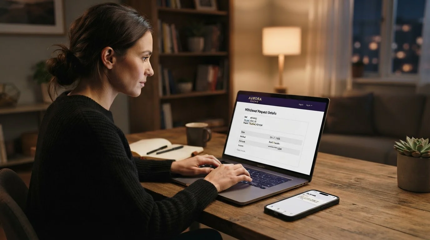 Person reviewing casino withdrawal request on laptop with banking app open on phone
