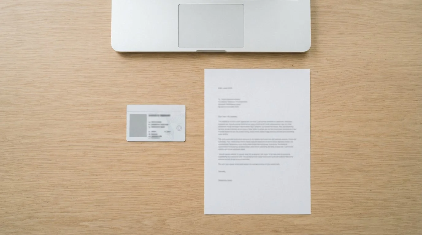 Identity document and a proof of address letter laid flat beside a laptop