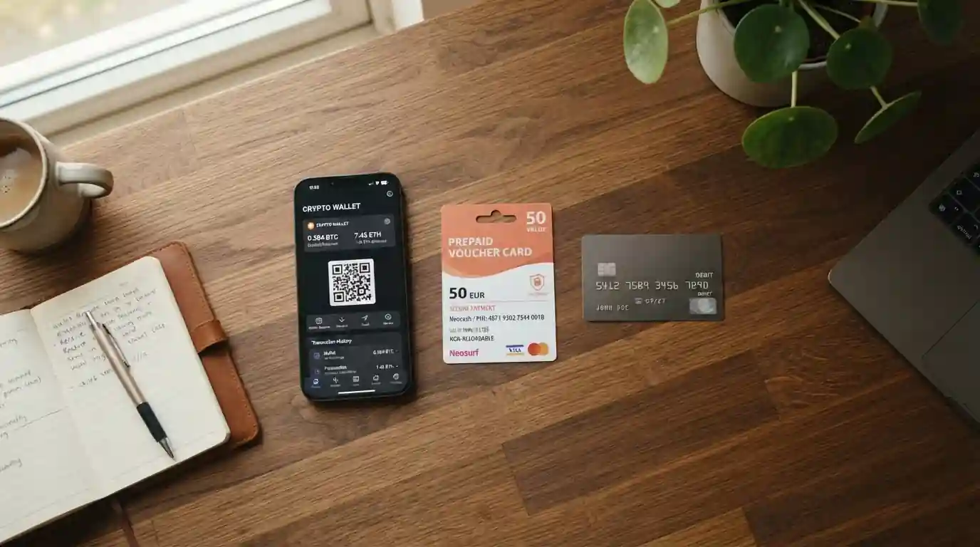 Payment method alternatives laid out on desk including crypto wallet and voucher
