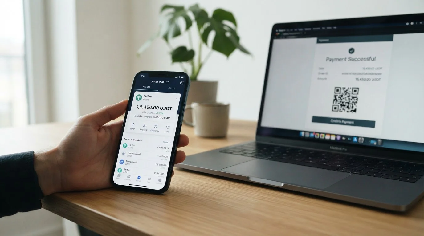 Smartphone displaying cryptocurrency wallet with USDT next to laptop payment screen