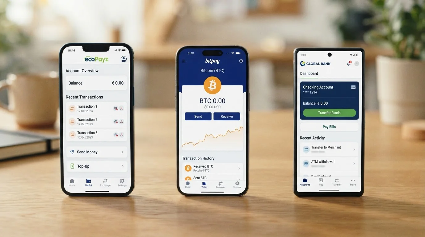 Side-by-side comparison showing ecoPayz, cryptocurrency, and bank transfer interfaces