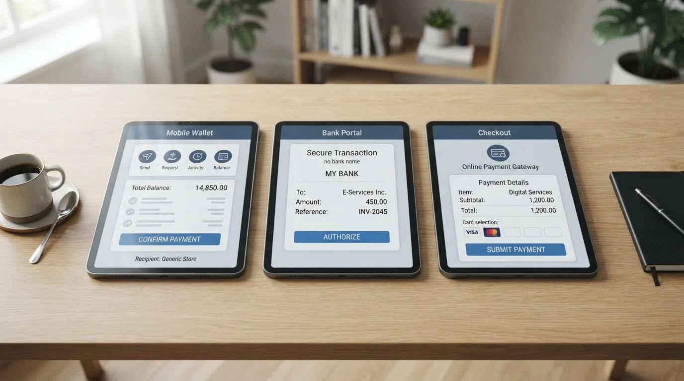 Clean desk setup comparing different payment method interfaces side by side
