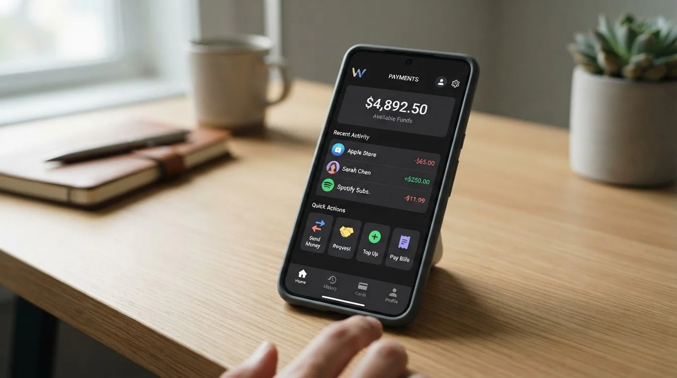 Smartphone with payment method icons including PayID and digital wallet