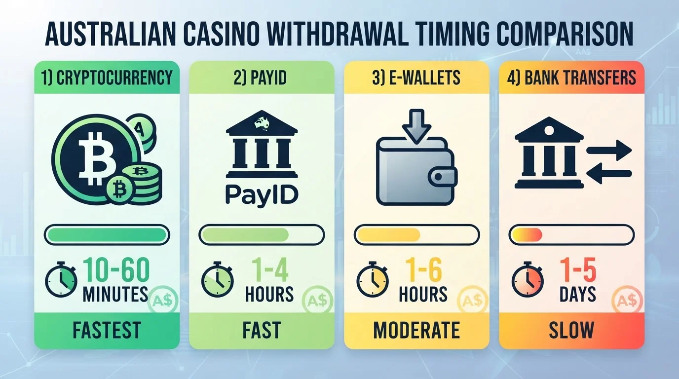 Payment method comparison showing crypto, PayID, e-wallets and bank transfers with timing indicators