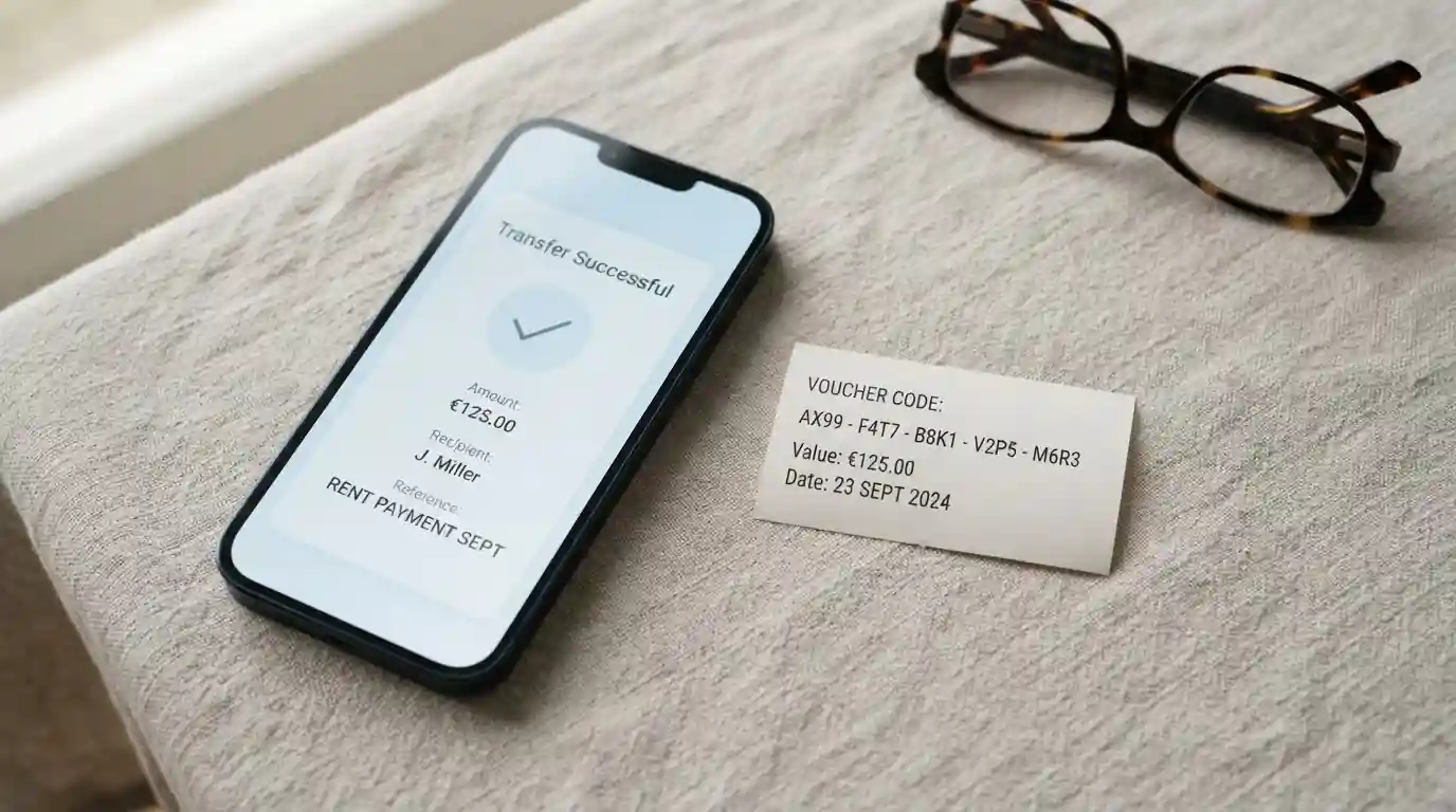 Smartphone displaying a bank transfer confirmation beside a prepaid voucher slip