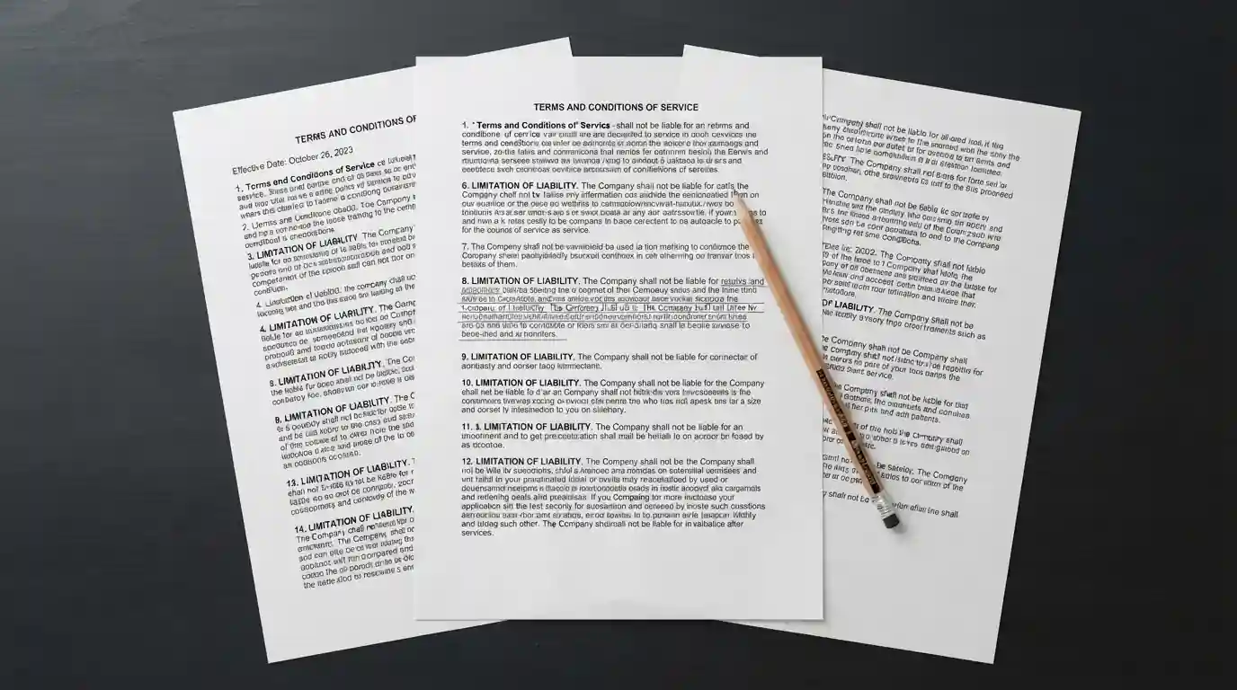 Printed terms and conditions document with a paragraph marked in pencil