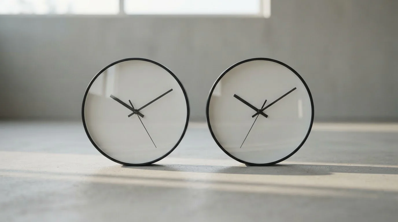 Two clocks side by side on a plain desk surface in soft daylight