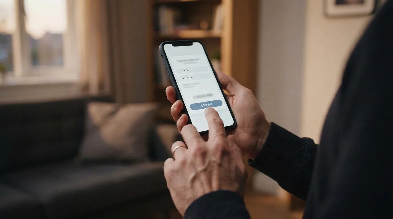 Hands holding a phone showing a wallet payment authorisation screen