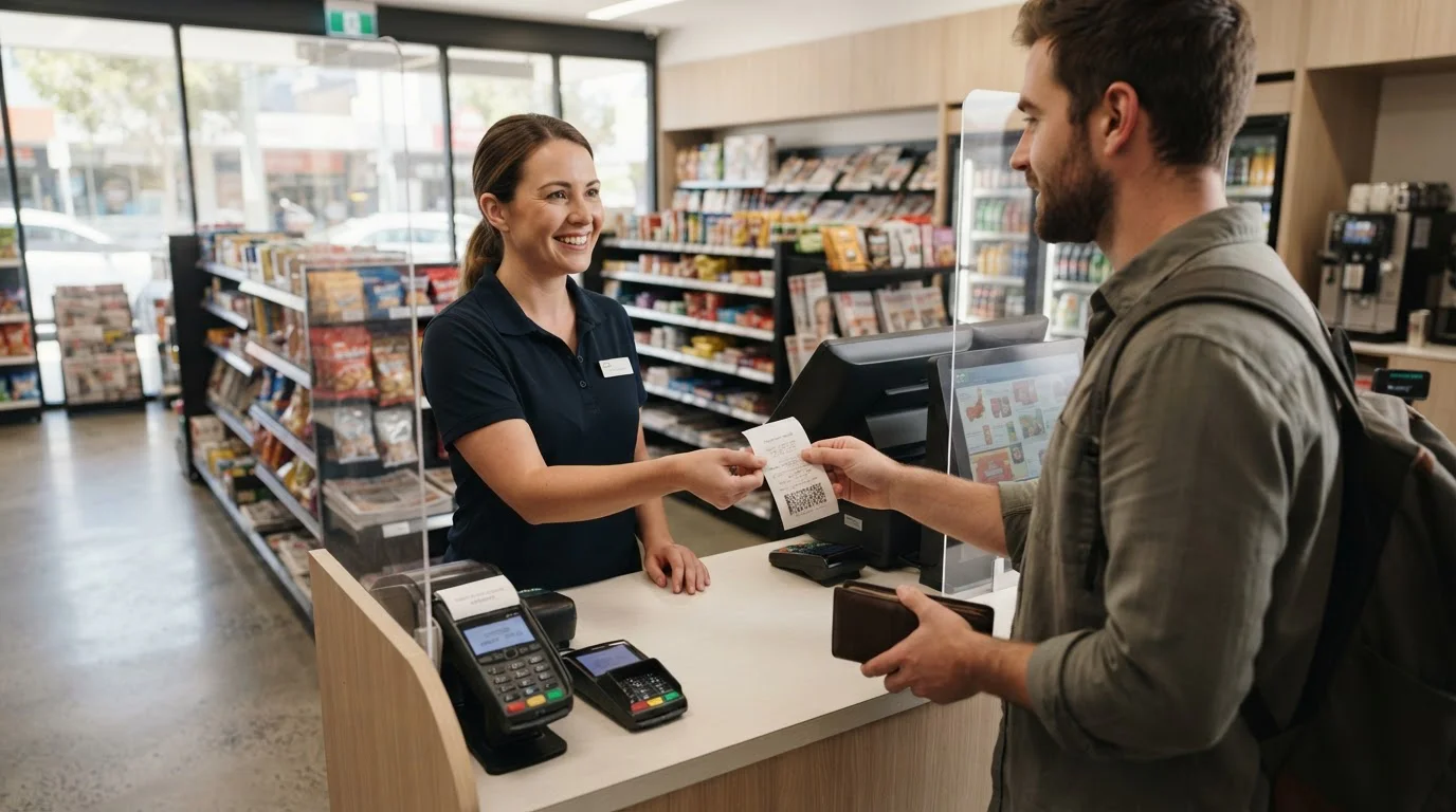 Customer purchasing Paysafecard voucher at Australian retail checkout counter