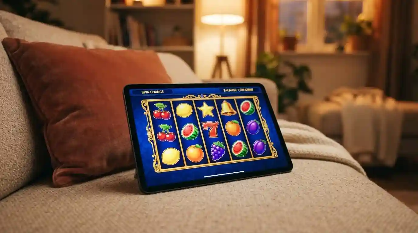 Tablet showing colorful slot game interface resting on living room couch