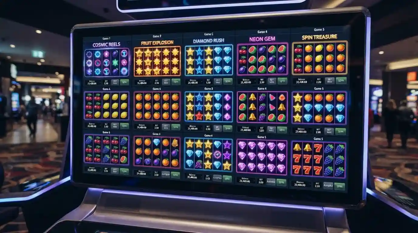 Grid of pokies reels showing various game symbols without branded slot identifiers