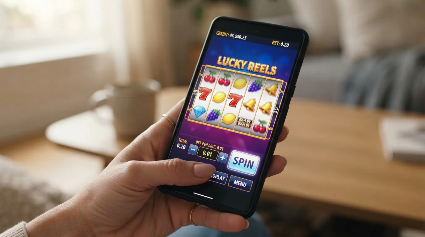 Smartphone showing pokie game interface at $0.10 spin stake