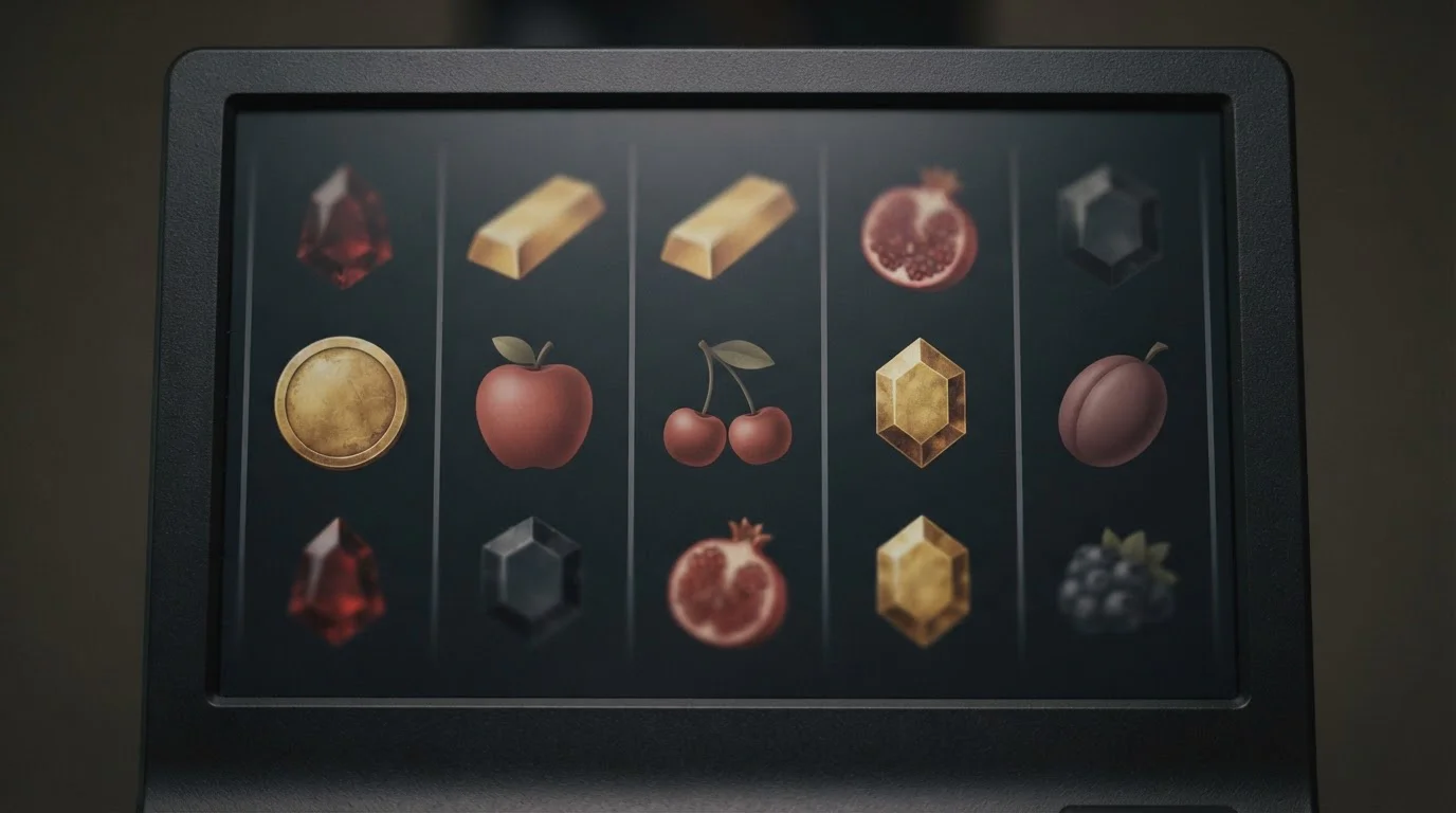 Close-up of five unbranded reel columns showing abstract fruit and gem symbols