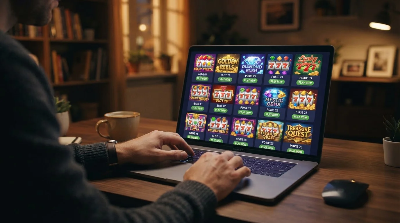 Laptop displaying grid of colorful pokies game thumbnails with generic slot imagery, person's hands on keyboard