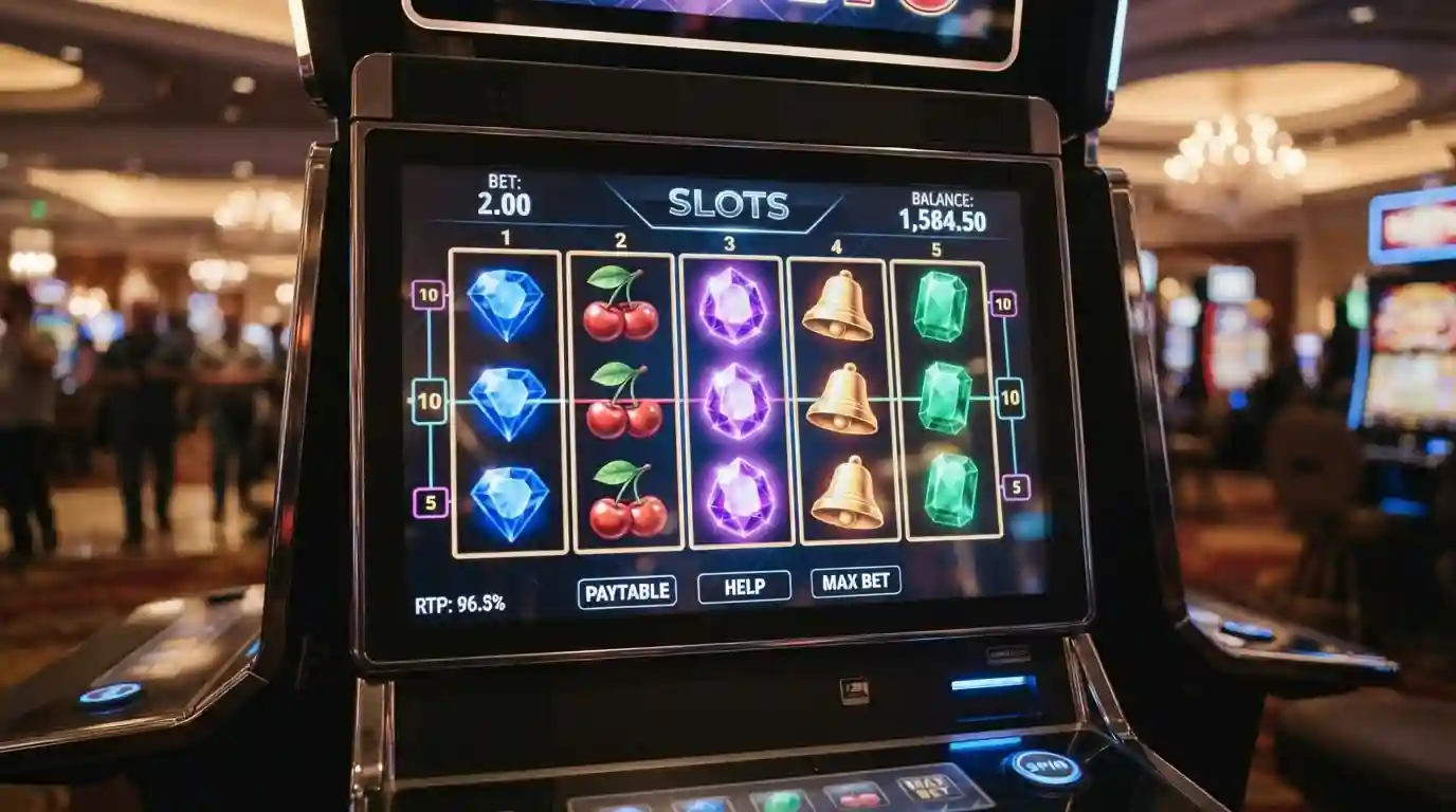 Pokies slot machine reels with generic symbols and RTP indicator