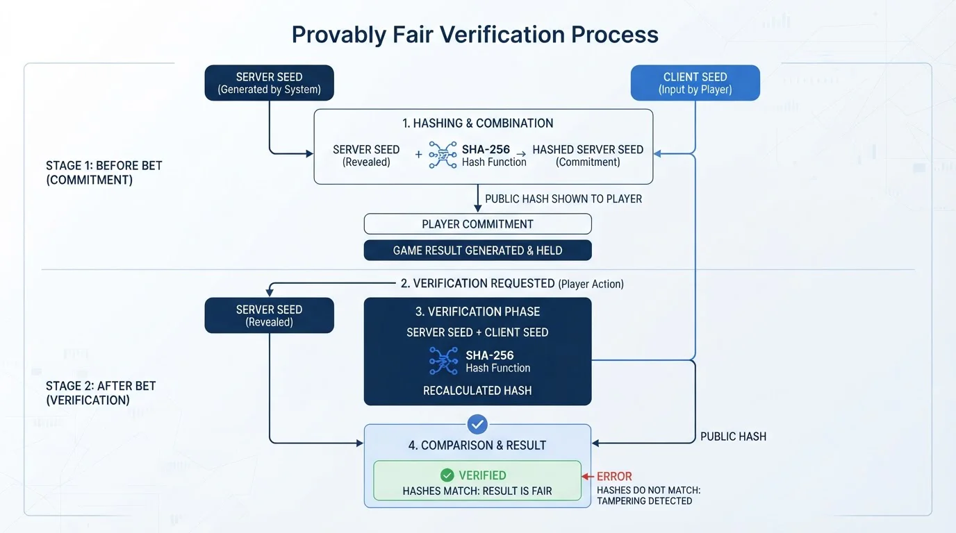 Clean diagram showing provably fair seed verification process with server and client seeds