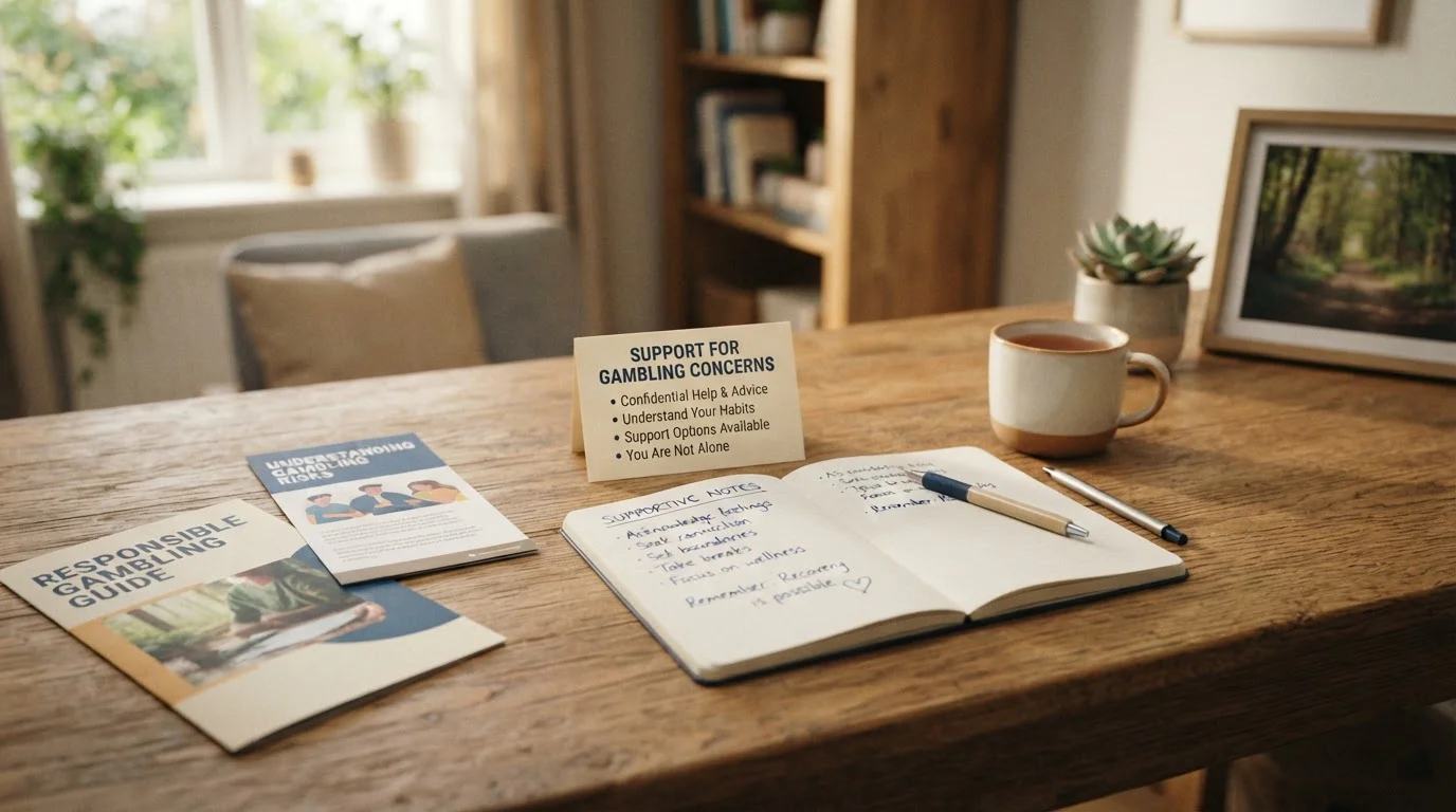 Desk with printed resources on responsible gambling support services and a notebook of steady, reassuring notes