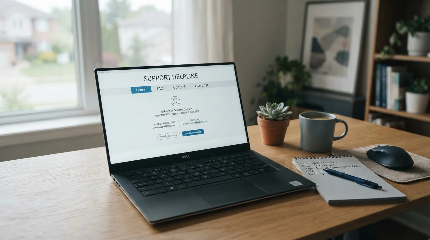 Clean office desk with laptop showing support helpline webpage and notepad