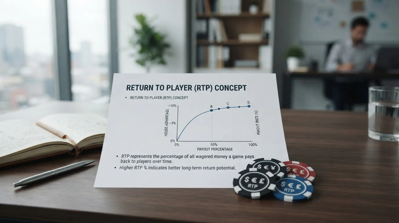 RTP percentage concept with casino chips and statistical chart