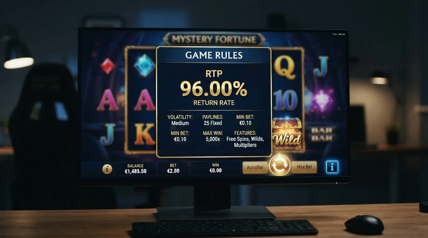 Online pokies game screen showing RTP information panel at 96 percent return rate