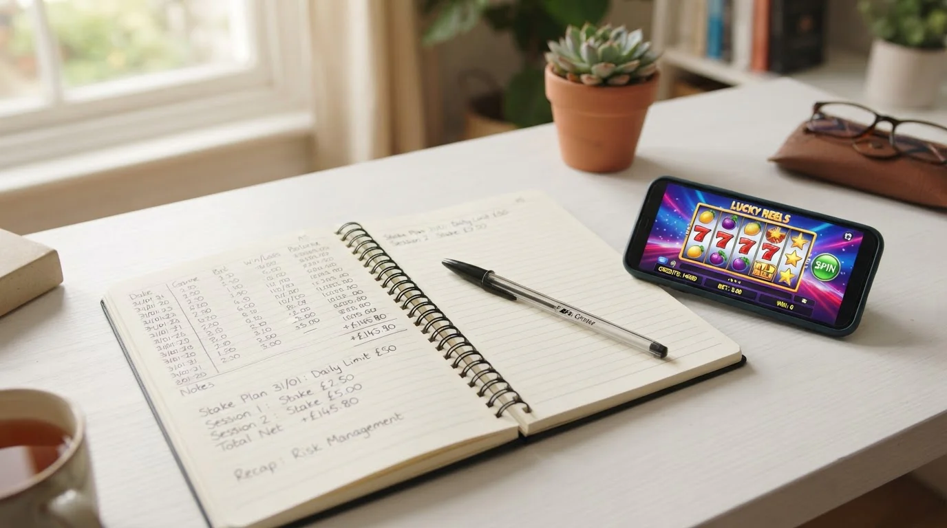 Clean desk with notebook showing stake calculations and smartphone displaying pokies game