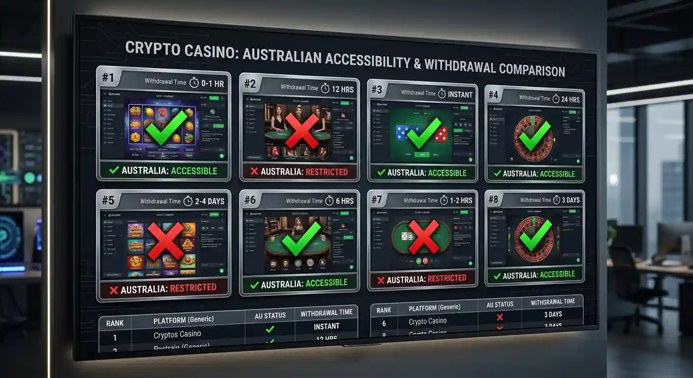 Comparison grid showing eight crypto casino interfaces with withdrawal time indicators and Australian accessibility status