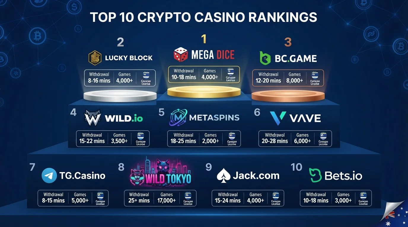 Ranked comparison of top 10 Bitcoin casinos showing withdrawal speeds and game counts