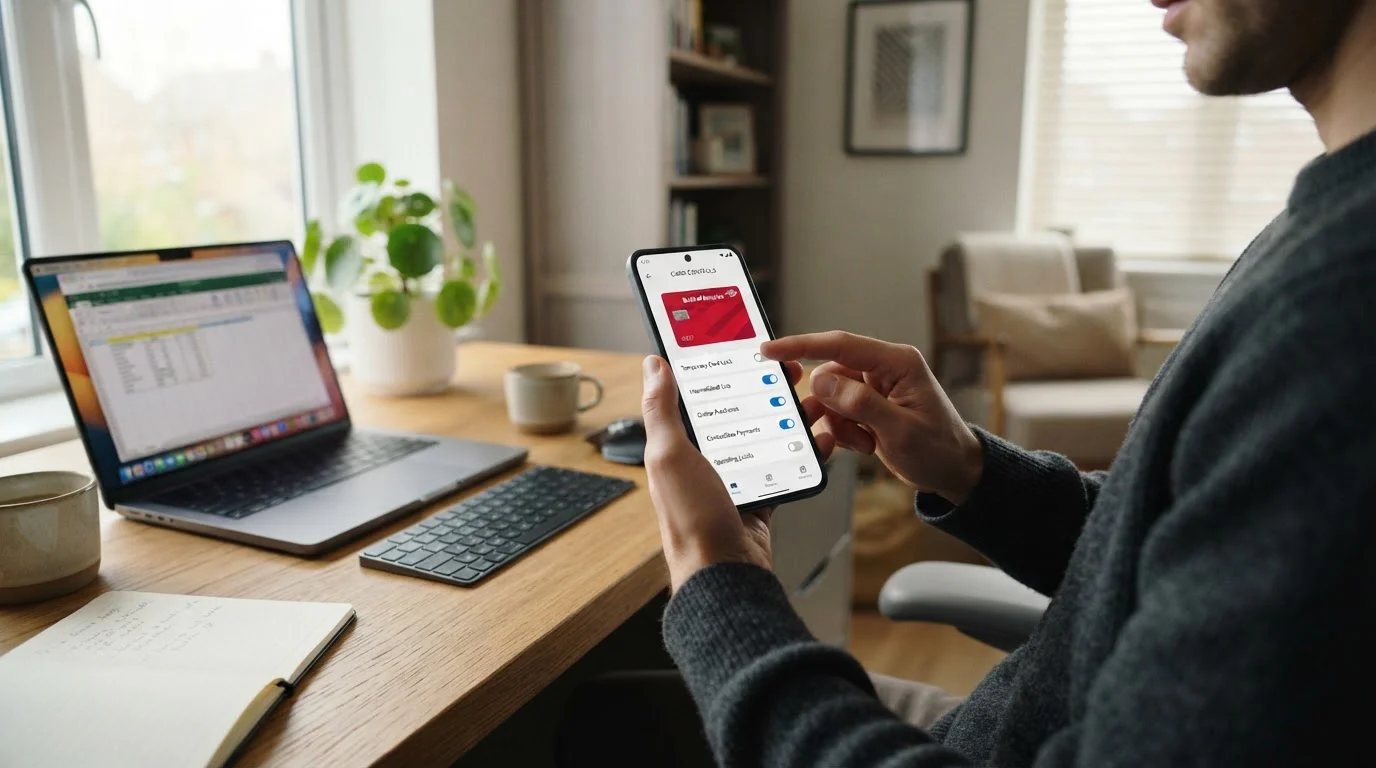 Person at laptop checking banking app card controls with gambling block toggle visible
