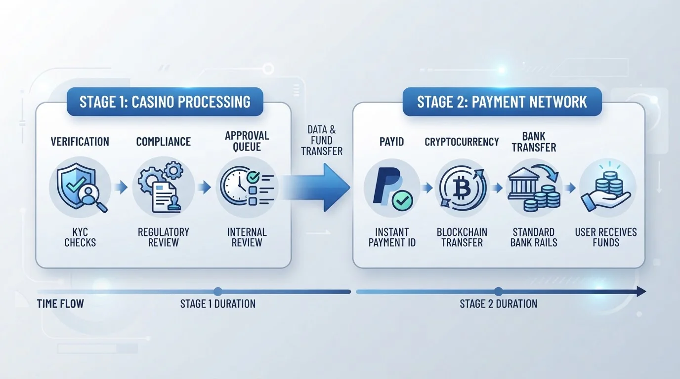 Two-stage casino withdrawal process diagram showing Stage 1 casino processing and Stage 2 payment network transfer